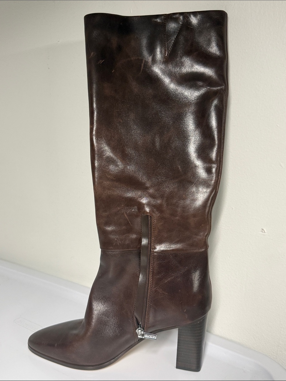 Calvin Klein DAWNA Dark Brown Leather Knee-High Heeled Boots